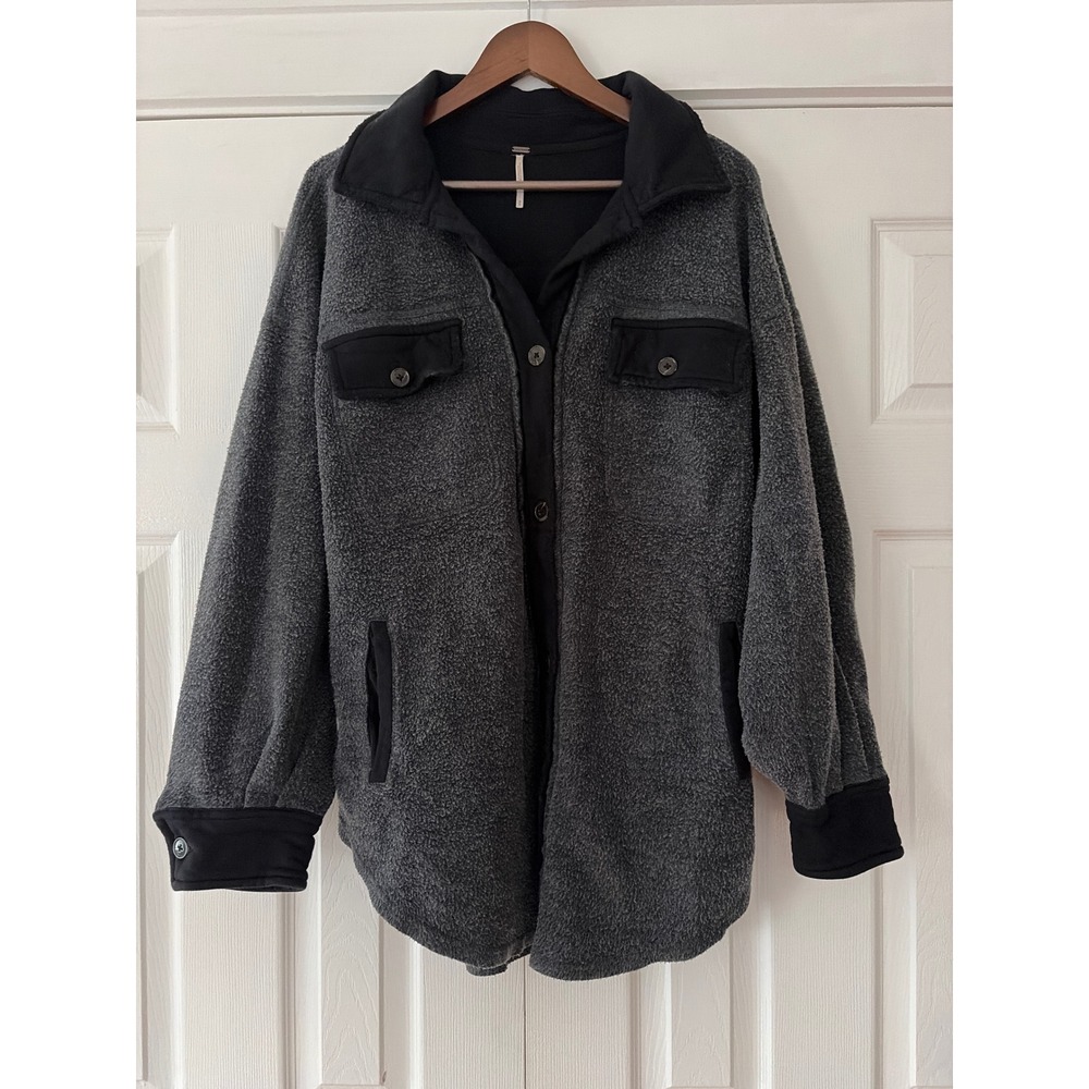 Free People Ruby Jacket Charcoal Grey Black Fleece Oversized Shacket Womens M - Picture 2 of 6